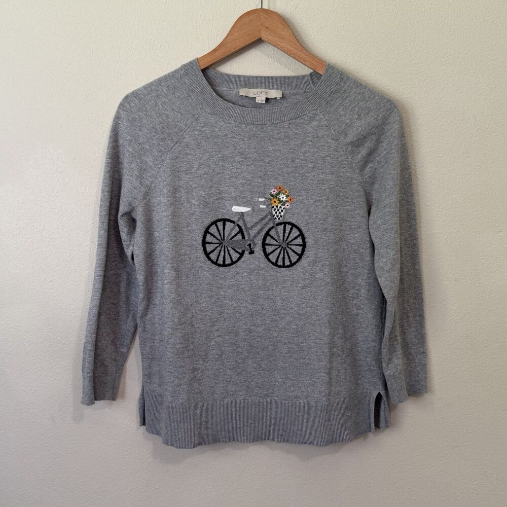 LOFT Bicycle Flower Sweater Gray 100% Cotton Crewneck Embroidered Top Womens M